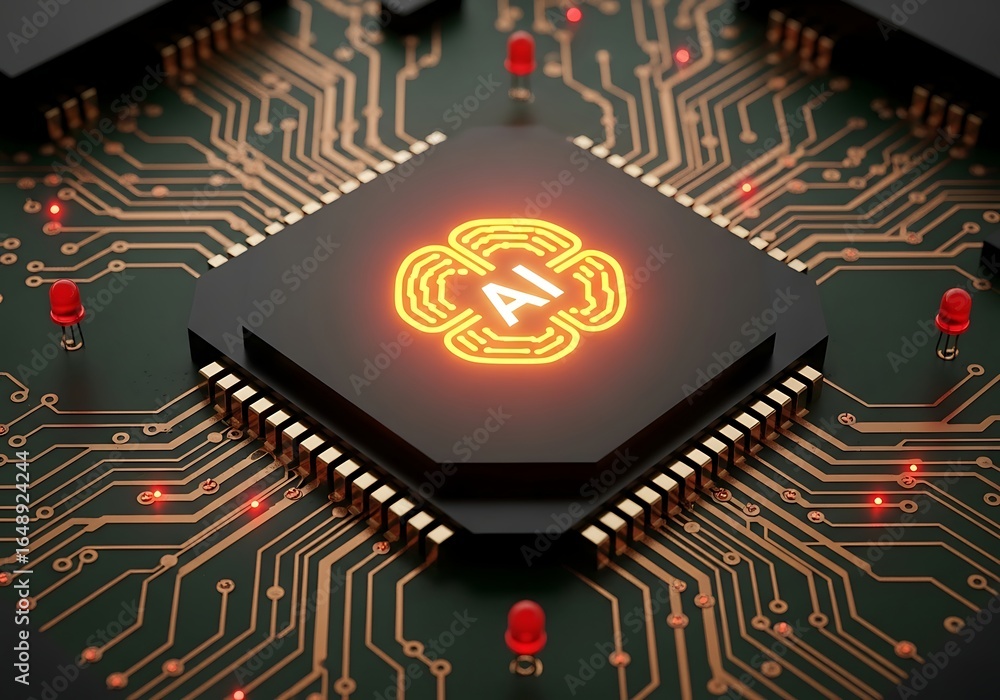 Poster advanced ai chip powers future technology with glowing circuitry and red leds on a circuit board