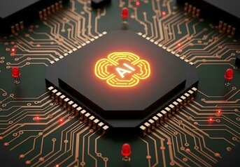 Advanced AI chip powers future technology with glowing circuitry and red LEDs on a circuit board
