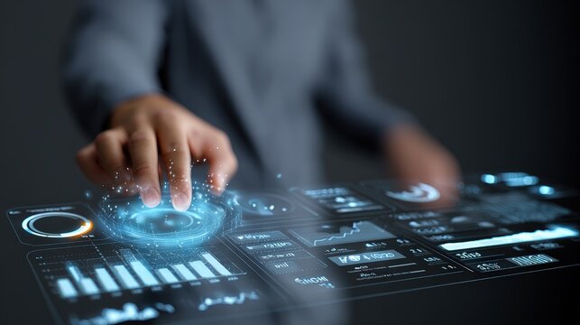Finger Interacting with Data on Futuristic Transparent Screen - Powered by Adobe