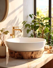 Fototapeta premium Modern bathroom sink with natural wood base