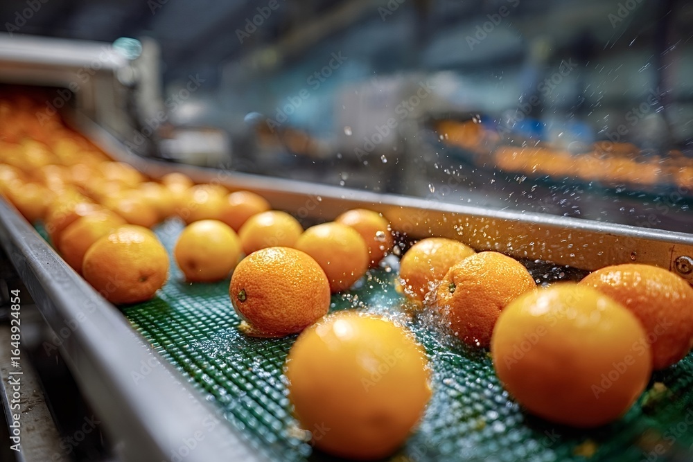 Poster freshly picked oranges are being washed and processed on a conveyor belt in a modern food processing