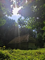 Historical Ukrainian building. Ancient wooden house. Cossack hut. Backlit house. House in the...