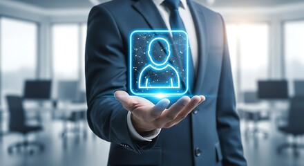Businessman showcasing digital profile icon with glowing network connections in modern office setting