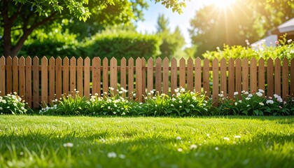 Fototapeta premium Old wooden fence in a green rural landscape under a blue sky