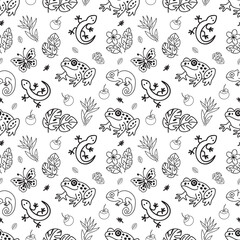 Seamless vector pattern in tropical style. Palm trees, coconuts, surfing, flowers, animals.