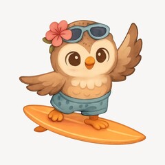 Obraz premium Cute owl surfing adventure illustration.