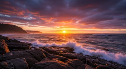 Stunning sunset over waves crashing on rocky shoreline coastal landscape tranquil environment scenic view