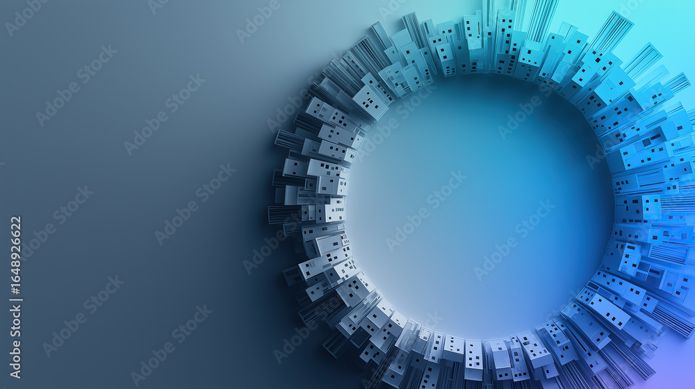Poster circular technological pattern showcases intricate digital circuitry in brilliant blue illumination.