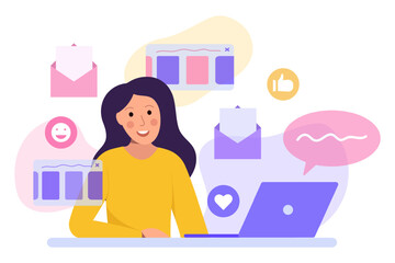 Social Media Marketing Manager - vector illustration. SMM girl working on laptop.