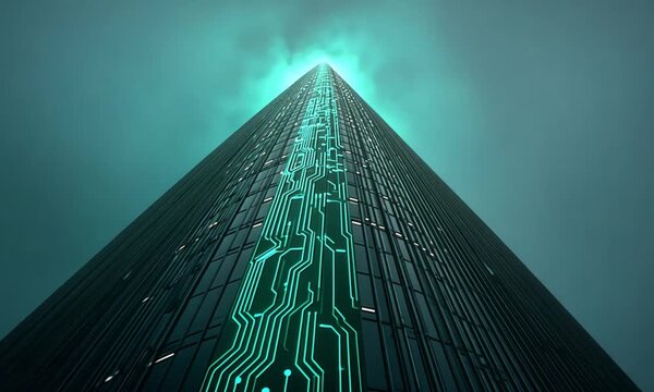 A skyscraper ascends towards a bright, misty sky, with circuit board design embedded on its fa?ade