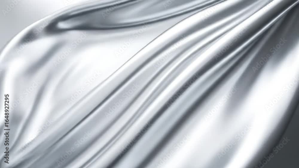 Poster abstract silver satin fabric with smooth texture shiny metallic surface and elegant wavy folds for m