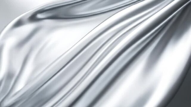 Abstract Silver Satin Fabric with Smooth Texture Shiny Metallic Surface and Elegant Wavy Folds for Modern Background or Design Template