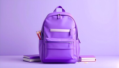 Fototapeta premium Mochila morada con lápices y libros sobre fondo monocromático