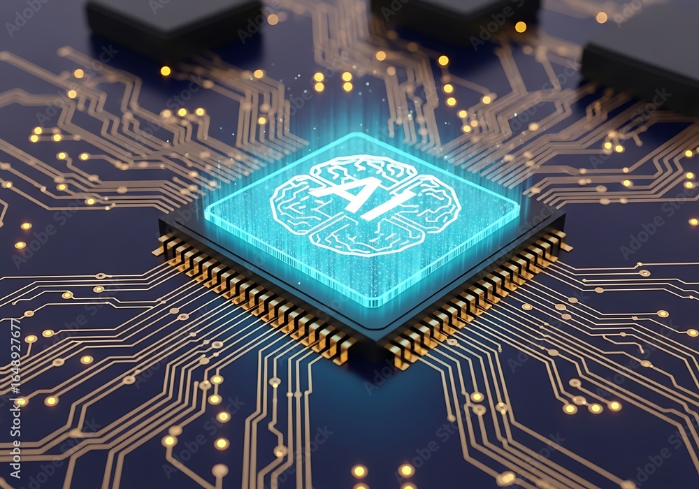 Poster cutting-edge ai chip with brain circuit design for innovative technology applications and future sol