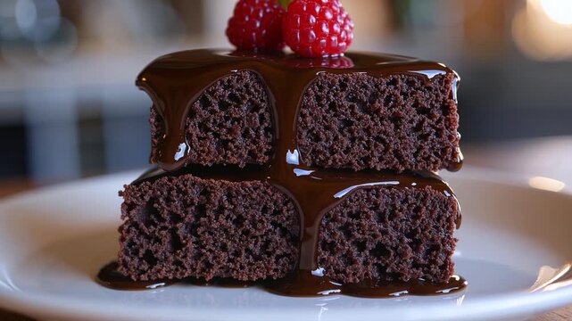 Decadent chocolate brownie cake   drizzling melted ganache with fresh raspberry garnish