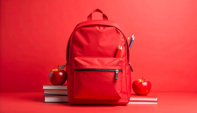 Mochila roja con libros y manzanas sobre fondo monocromático - Powered by Adobe