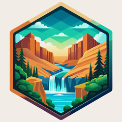 An emblem illustration vector of a canyon landscape featuring a flowing river and cascading waterfalls, surrounded by pine trees and rugged cliffs under a bright, geometric sky. © Angon_Graphic