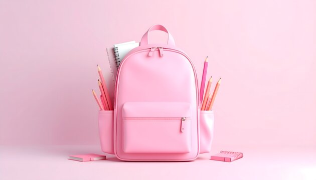 Mochila escolar rosa con material de papeler&iacute;a a juego
