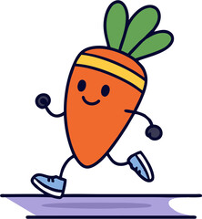 Adorable vector of a smiling carrot character wearing a yellow headband and sneakers, running on a purple track, promoting healthy lifestyle and fitness,