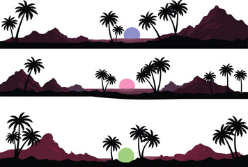 Obraz premium Tropical Sunset Landscape Vector Silhouettes with Palm Trees and Mountains