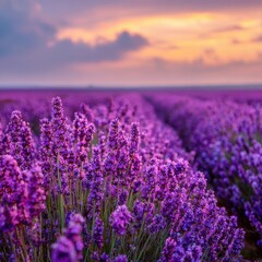 Obraz premium Lavender field sunset landscape, idyllic rural scene, calming nature background, for relaxation themes