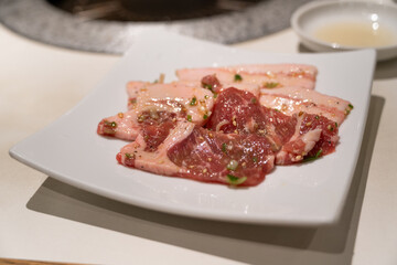 Pork belly meat for grilling in BBQ restaurant.