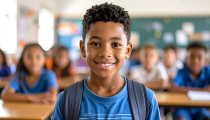 Niño sonriente en clase de primaria con mochila