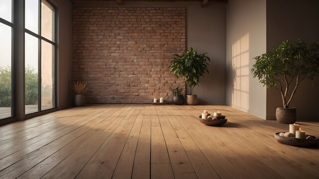 Interior minimalista con pared de ladrillo visto y suelo de madera