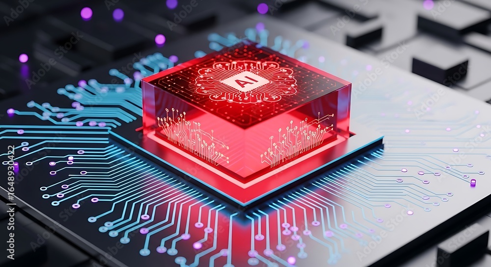 Poster cutting-edge ai technology with glowing red chip on circuit board for future innovation
