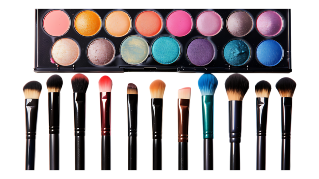 Cosmetic eyeshadow palette and brushes for professional makeup artist beauty product photography on transparent background