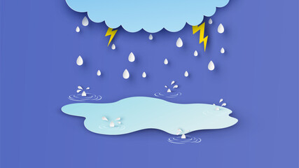 Illustration of rainy season with rain drop that are around beautiful pond. rainy season. paper cut and craft style. vector, illustration.