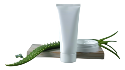 Organic skincare products with aloe vera for healthy skin and natural beauty routine essentials on transparent background