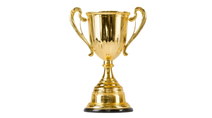 Gold trophy cup, isolated on transparent background, symbolizing victory and success