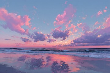 Pastel sunset over a tranquil beach.  Soft pink and purple clouds reflect in calm water