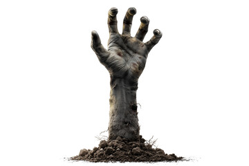 A Halloween zombie hand coming out of the ground, isolated on a transparent background.