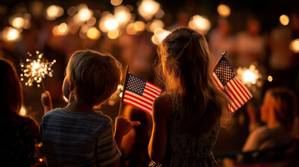 Children Celebrate Independence Day with Sparklers and American Flags