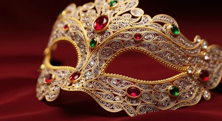 Ornate gold mask, filigree details, jewels