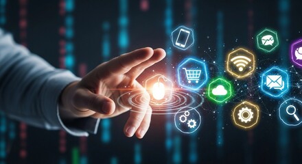 An outstretched hand interacts with floating, glowing icons representing technology, communication, shopping, and various modern innovations.