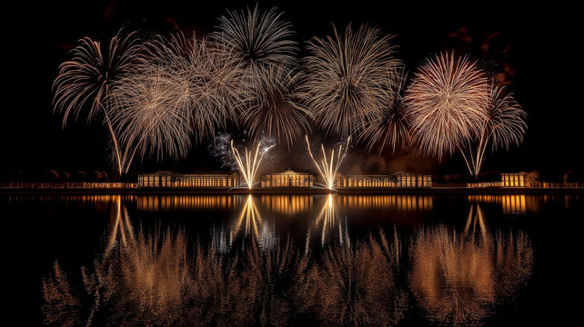 Reflected palace fireworks display in dark night sky celebration