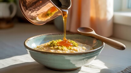 Pouring syrup on a bowl of oatmeal with pistachios for breakfast