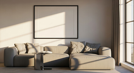Modern living room with a sectional sofa and a large blank framed picture on the wall bathed in sunlight