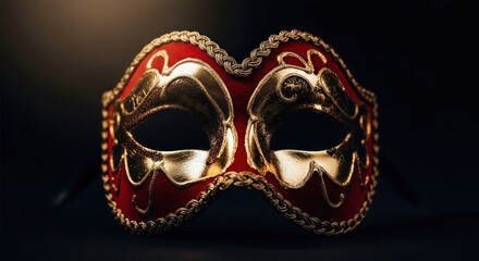 Ornate Venetian mask, red and gold, dark background