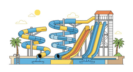 Cartoon Waterpark Illustration With Slides And Pools Under The Summer Sun