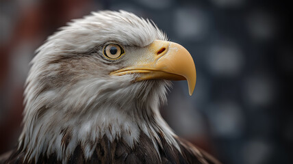 Obraz premium Bald eagle portrait on blurred patriotic background close up shot