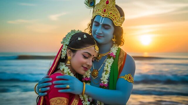 Lord Krishna and Radha in a Loving Embrace by the Ocean During a Golden Sunset for Janmashtami, Govardhan Puja