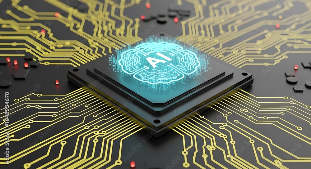 Poster artificial intelligence chip with glowing brain, futuristic tech for innovation and digital transfor