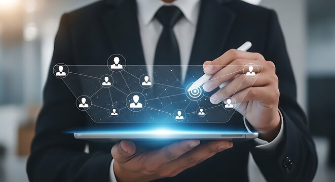 Professional businessman uses tablet to connect people in modern digital network with target icon