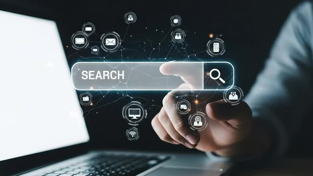 Hand Interacting with Glowing Search Box on Laptop Screen