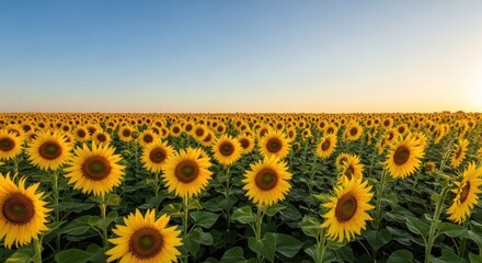 Fototapeta premium Panoramic view of a vast sunflower field at sunrise or sunset. Bright, golden sunflowers fill the landscape, stretching to the horizon against a clear