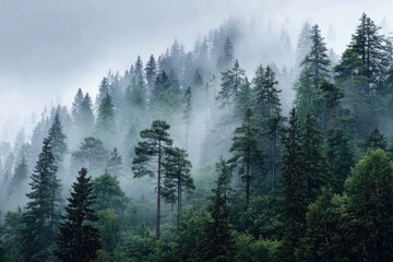 Misty mountain forest. Lush green trees rise on a hazy slope